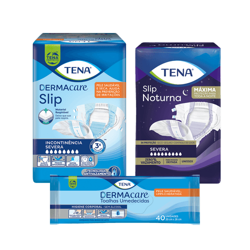 KIT- FRALDA TENA SLIP NOTURNA +  TENA FRALDA DERMACARE + TOALHA UMEDECIDA TENA DERMACARE